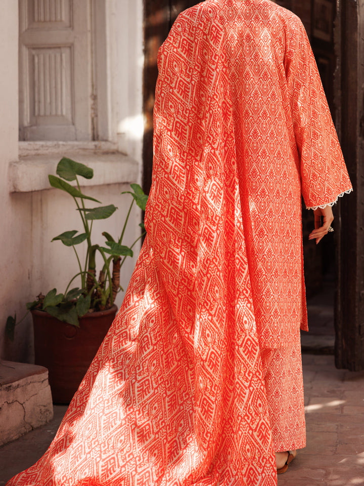 Lawn Red White Stitched Suit - J. Junaid Jamshed