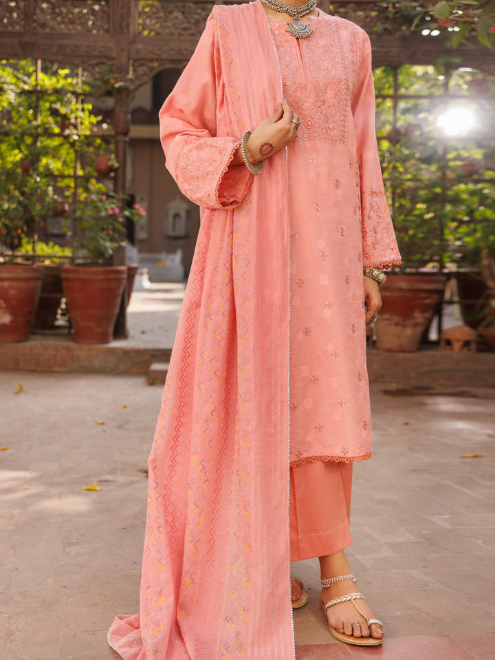 Dobby Peach Stitched Suit - Almirah