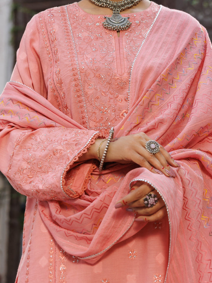 Dobby Peach Stitched Suit - Almirah