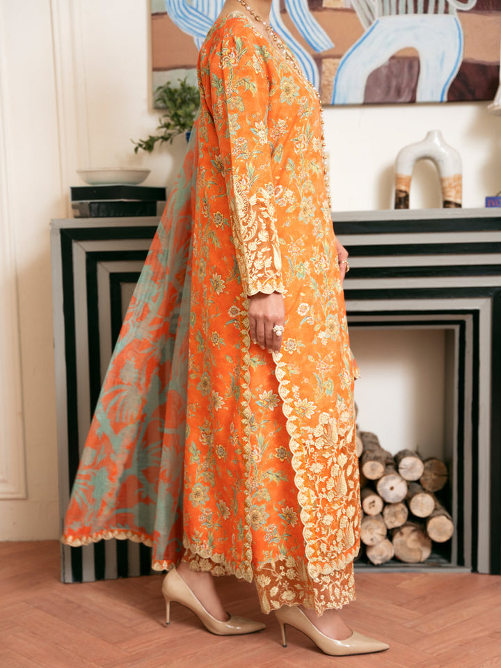 Poly Lawn Orange Stitched Suit - J. Junaid Jamshed