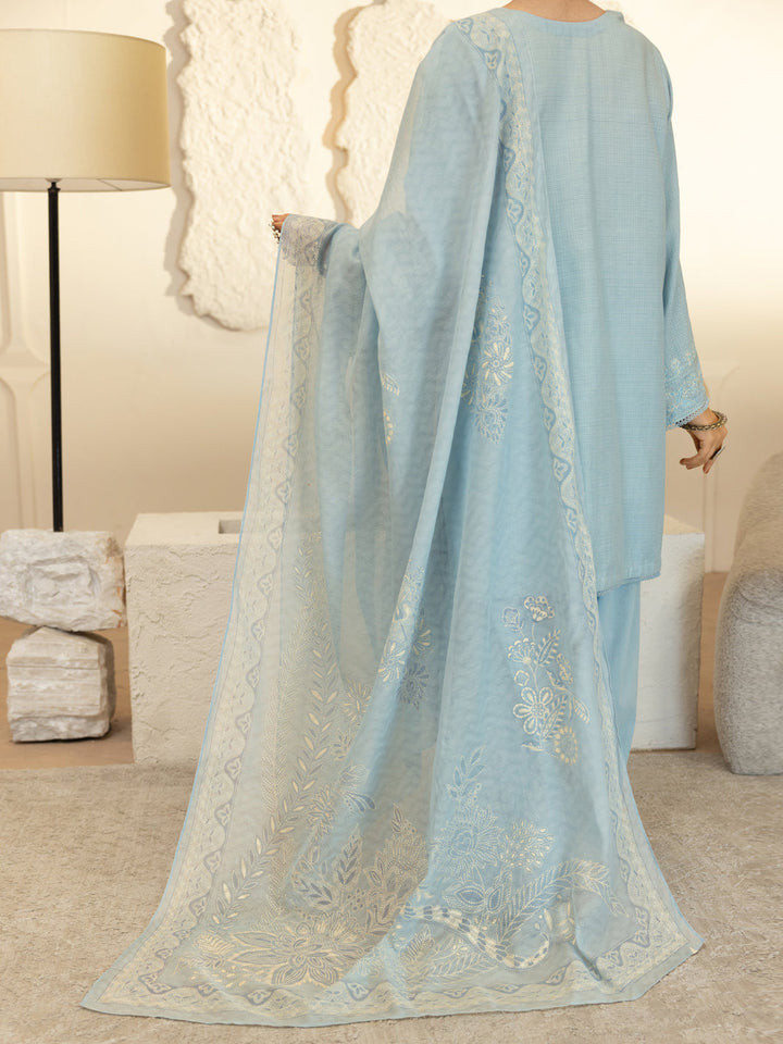 Dobby Sky Blue Stitched Suit - J. Junaid Jamshed