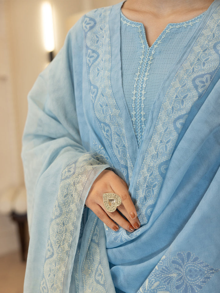 Dobby Sky Blue Stitched Suit - J. Junaid Jamshed