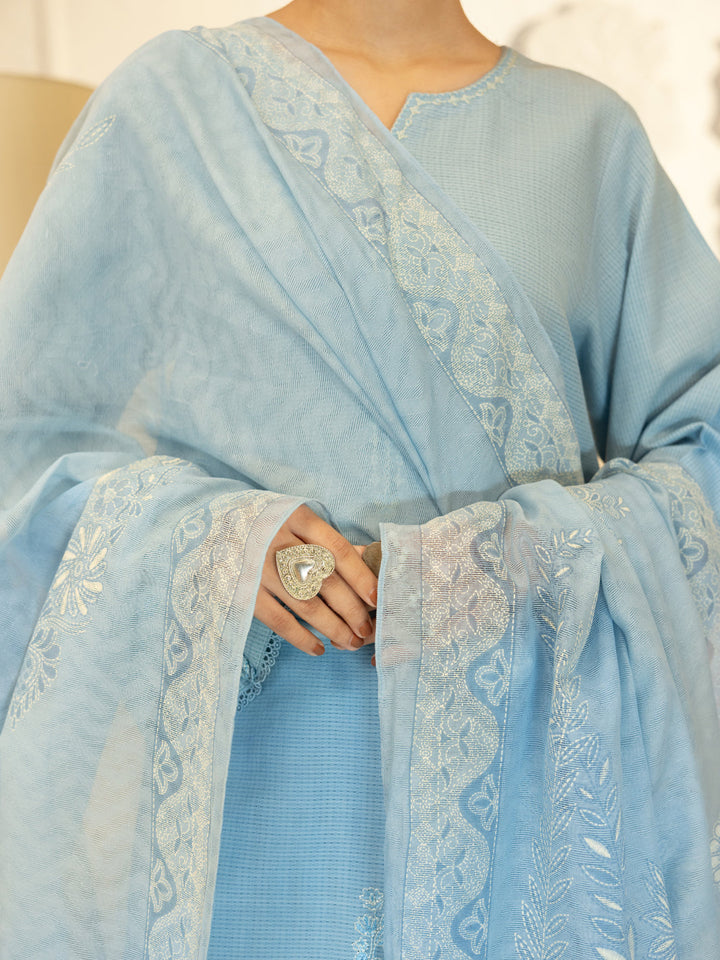 Dobby Sky Blue Stitched Suit - J. Junaid Jamshed