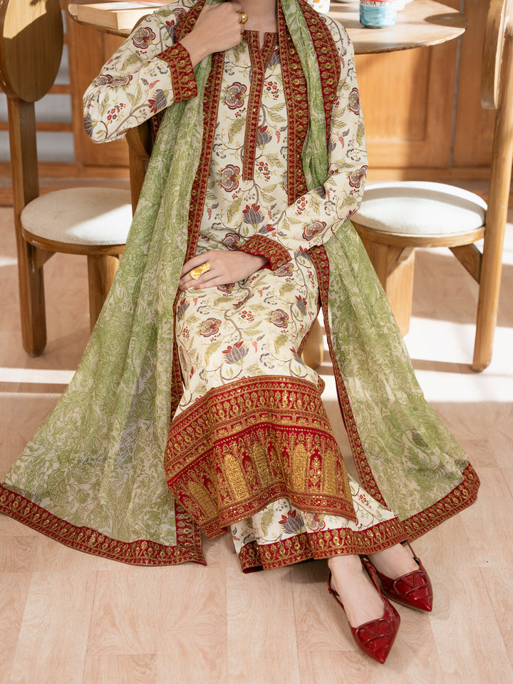 Poly Lawn Cream Stitched Suit - Almirah