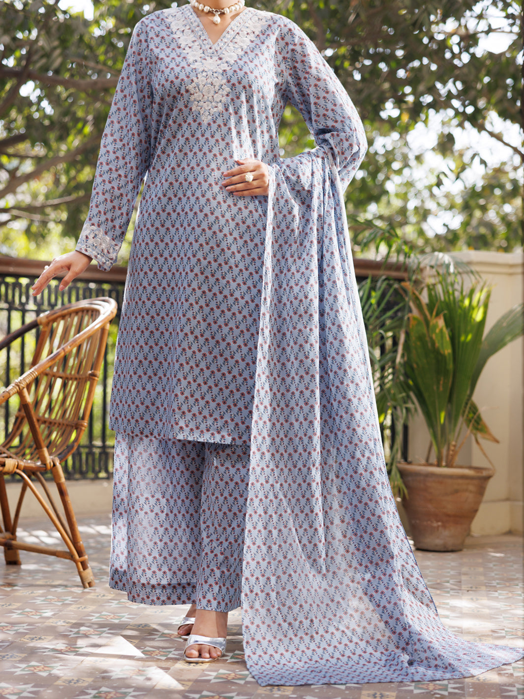 Cotton Sky Blue Stitched Suit - Almirah