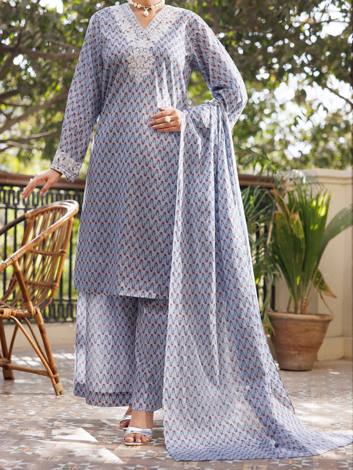 Cotton Sky Blue Stitched Suit - Almirah