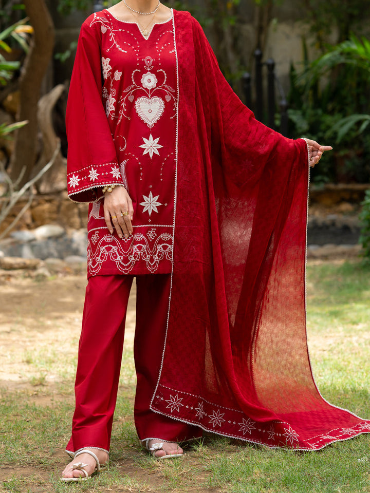 Cotton Red Stitched Suit - Almirah