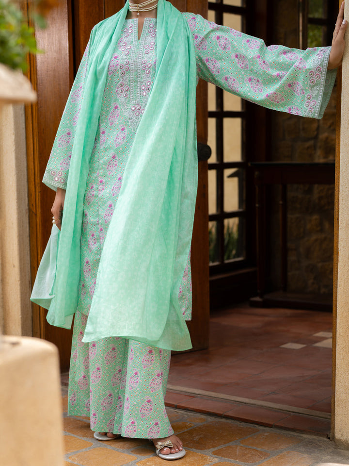 Cotton Light Green Stitched Suit - Almirah
