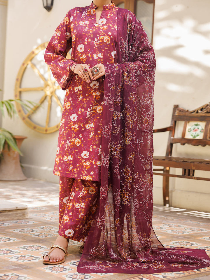 Lawn Maroon Stitched Suit - Almirah