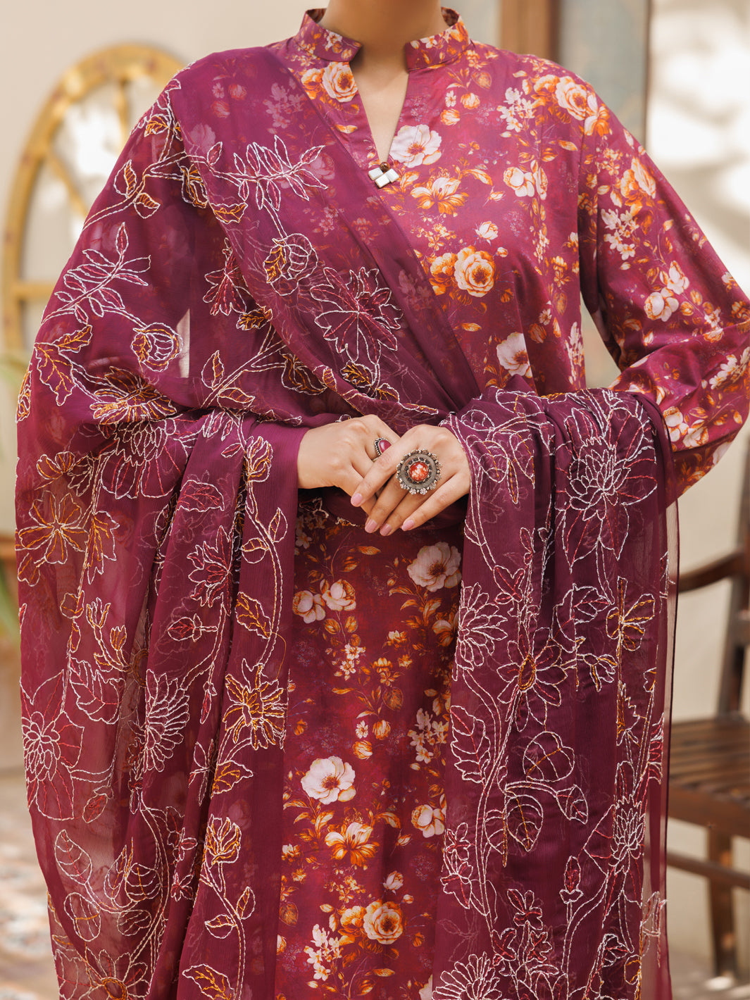 Lawn Maroon Stitched Suit - Almirah