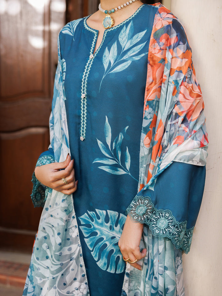 Silk Lawn Teal Stitched Suit - Almirah