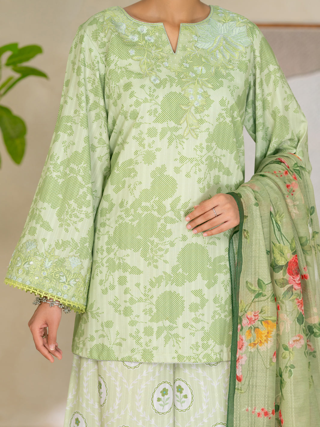 Swiss Jacquard Green Stitched Suit - Almirah