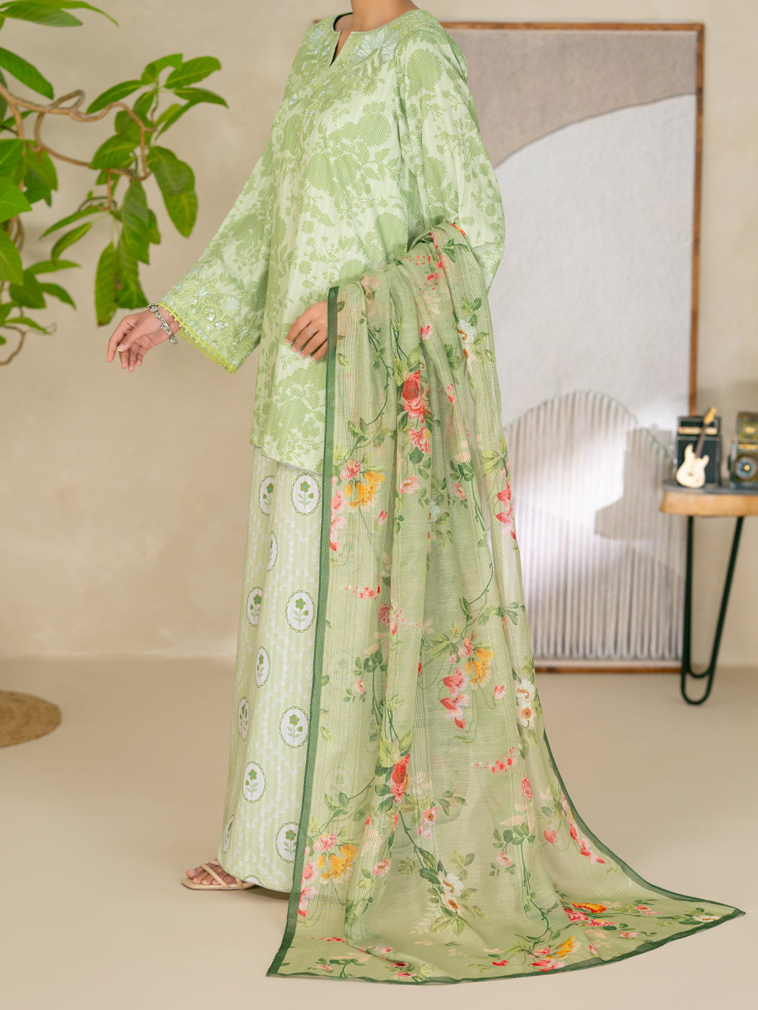 Swiss Jacquard Green Stitched Suit - Almirah