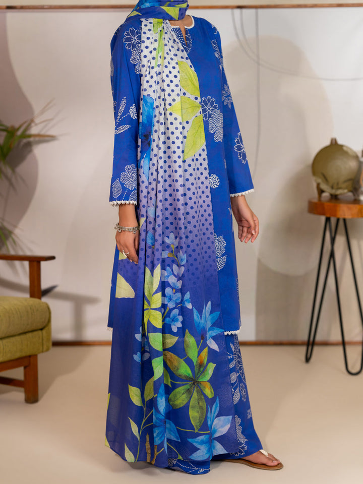 Cotton Lawn Blue Unstitched Suit - Almirah