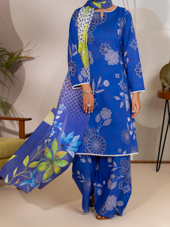 Cotton Lawn Blue Unstitched Suit - Almirah