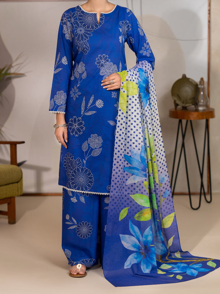 Cotton Lawn Blue Unstitched Suit - Almirah