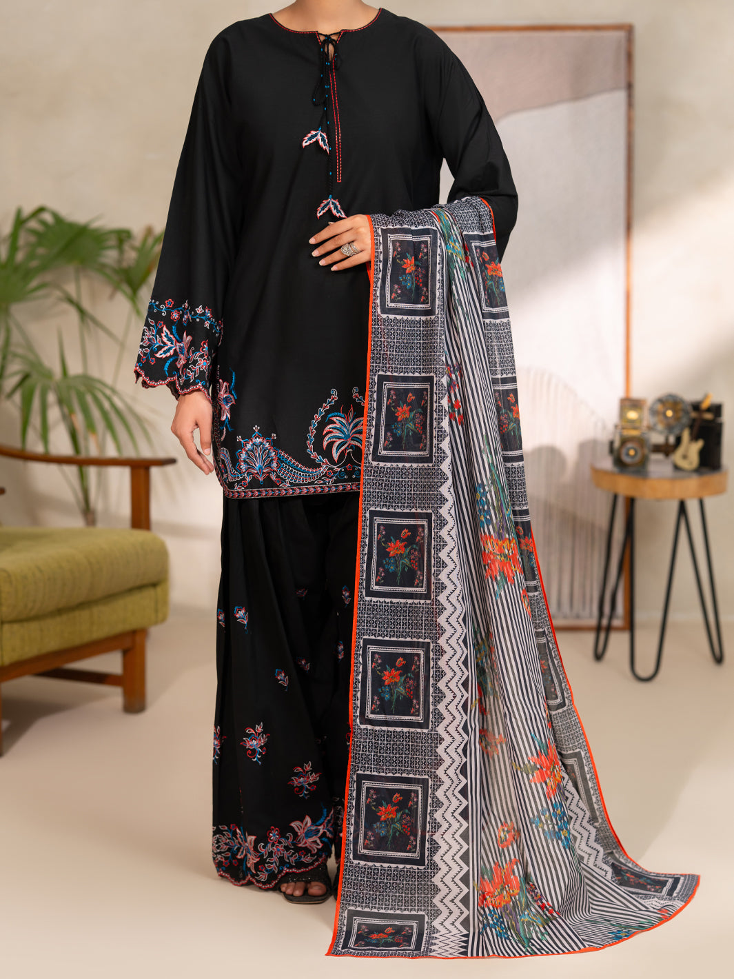Cotton Black Unstitched Suit - Almirah