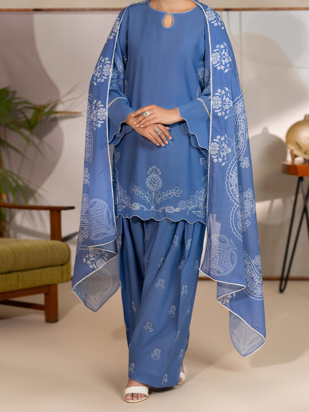 Cotton Lawn Blue Unstitched Suit - Almirah
