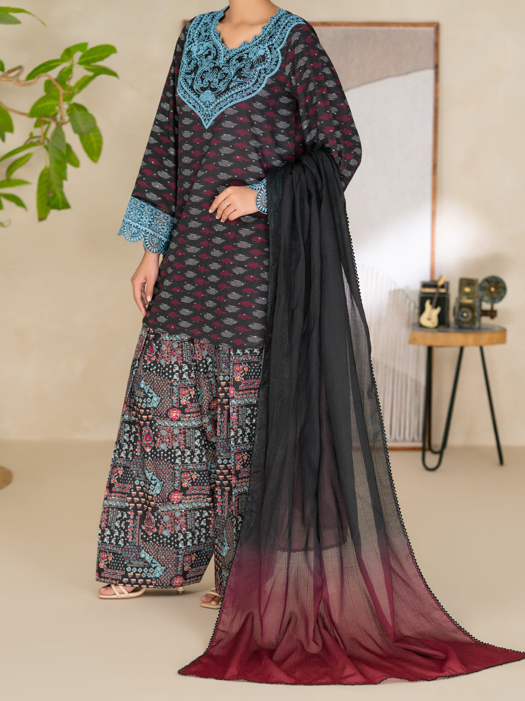 Cotton Black Unstitched Suit - Almirah