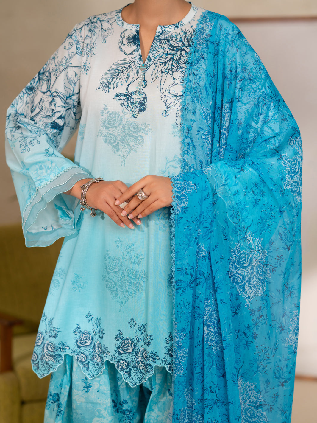 Cotton Sky Blue Unstitched Suit - Almirah