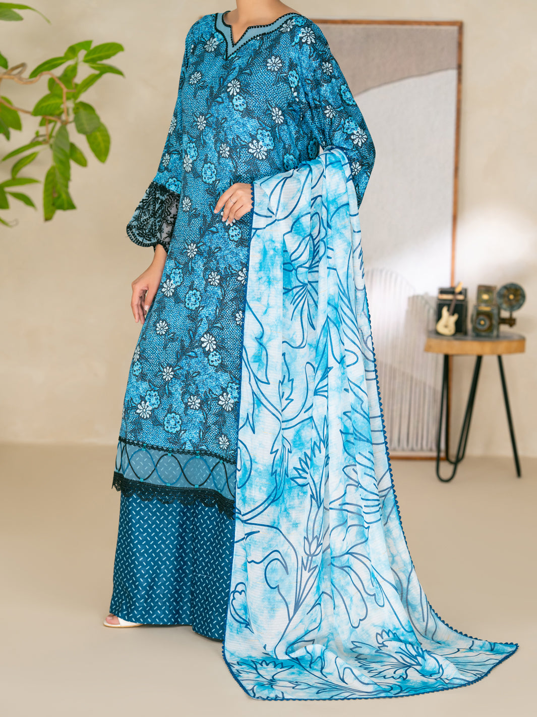 Swiss Jacquard Blue Unstitched Suit - Almirah