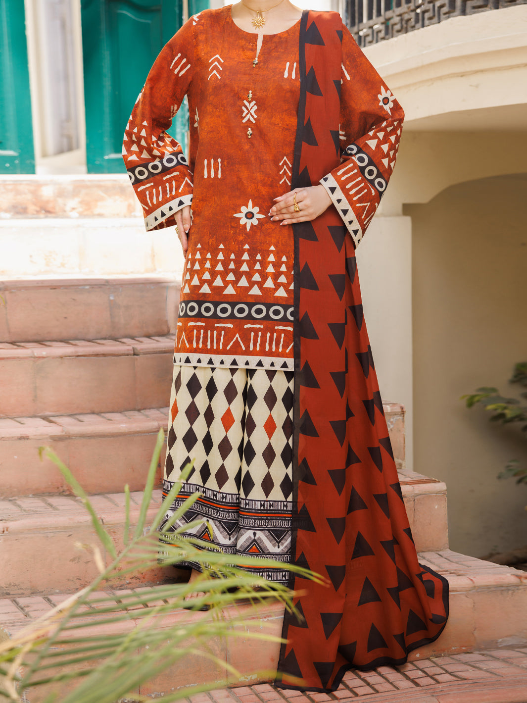 Cotton Rust Stitched Suit - Almirah