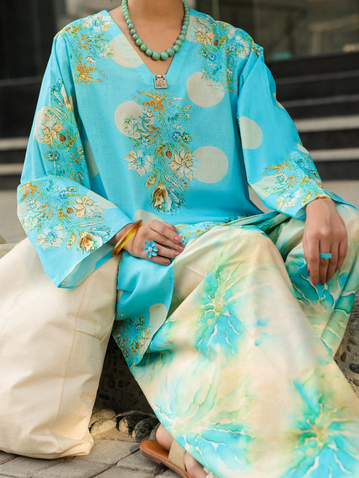 Lawn Aqua Blue Unstitched Suit - Almirah