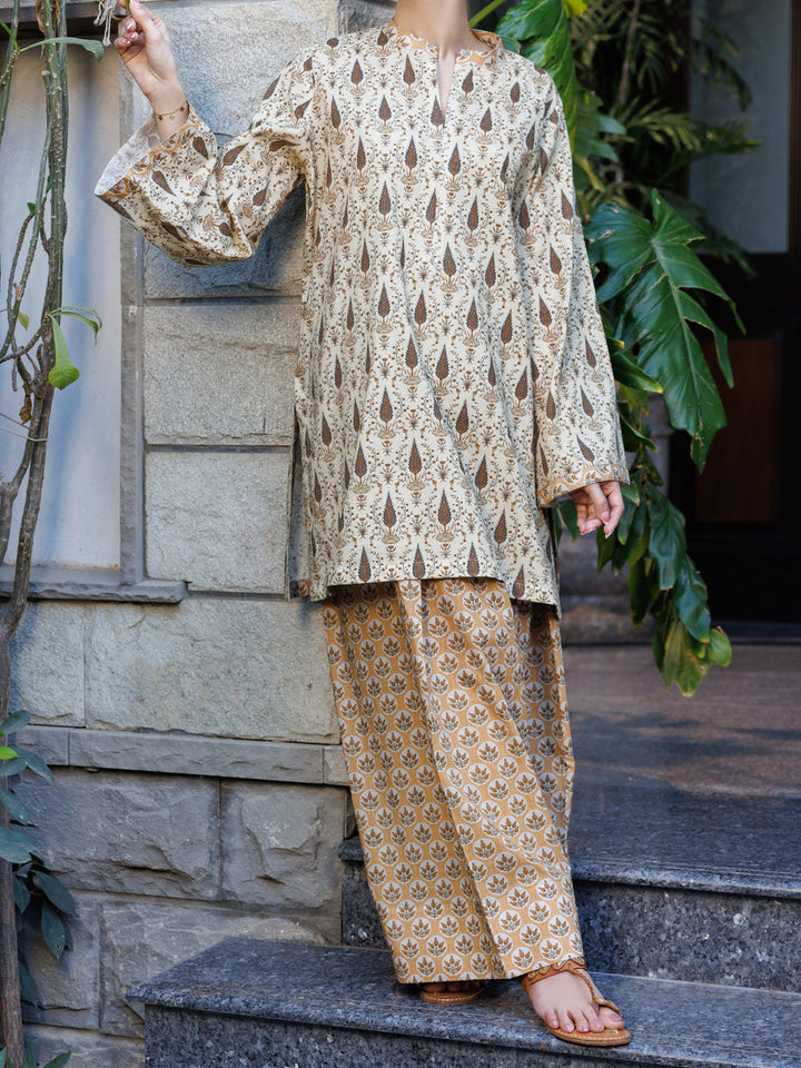 Cotton Fawn Stitched Suit - Almirah