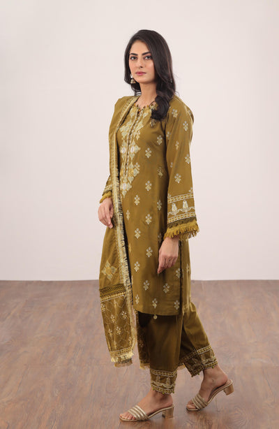 Embroidered Pashmina Mehndi 3 Piece Suit - Gul Ahmed
