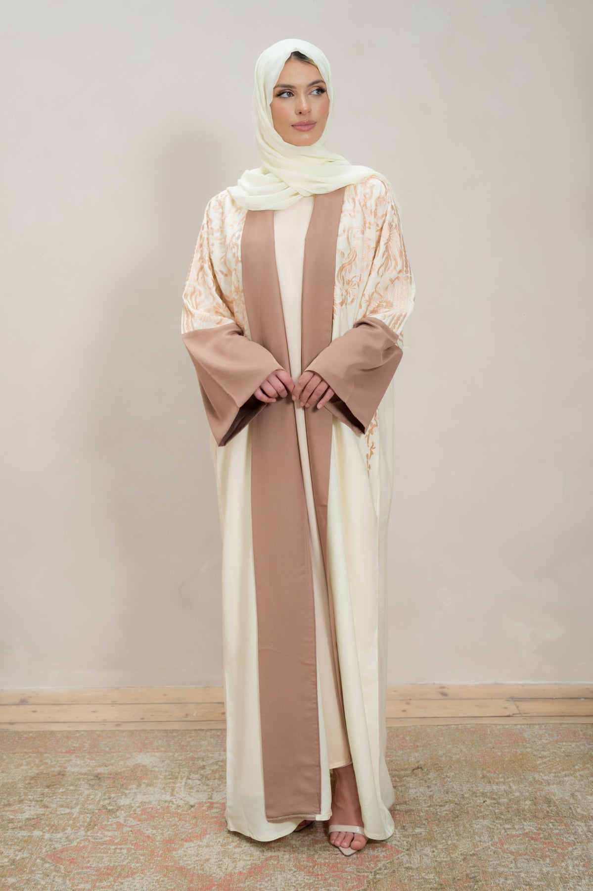 Cream & Mocha Embroidered Open Abaya