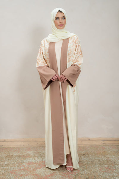 Cream & Mocha Embroidered Open Abaya