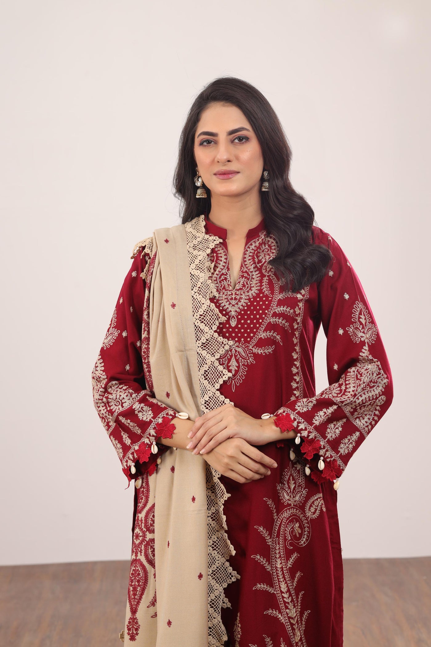 Embroidered Dobby Jacquard Red 3 Piece Suit - Gul Ahmed