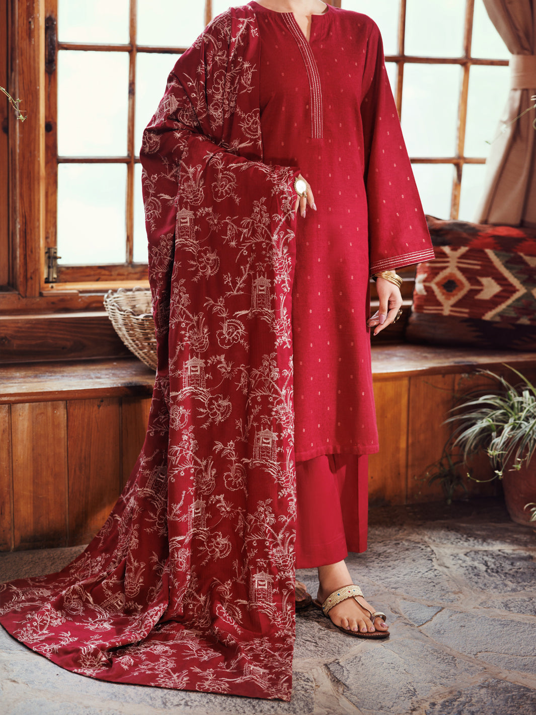 Cambric Maroon Stitched Suit - Almirah