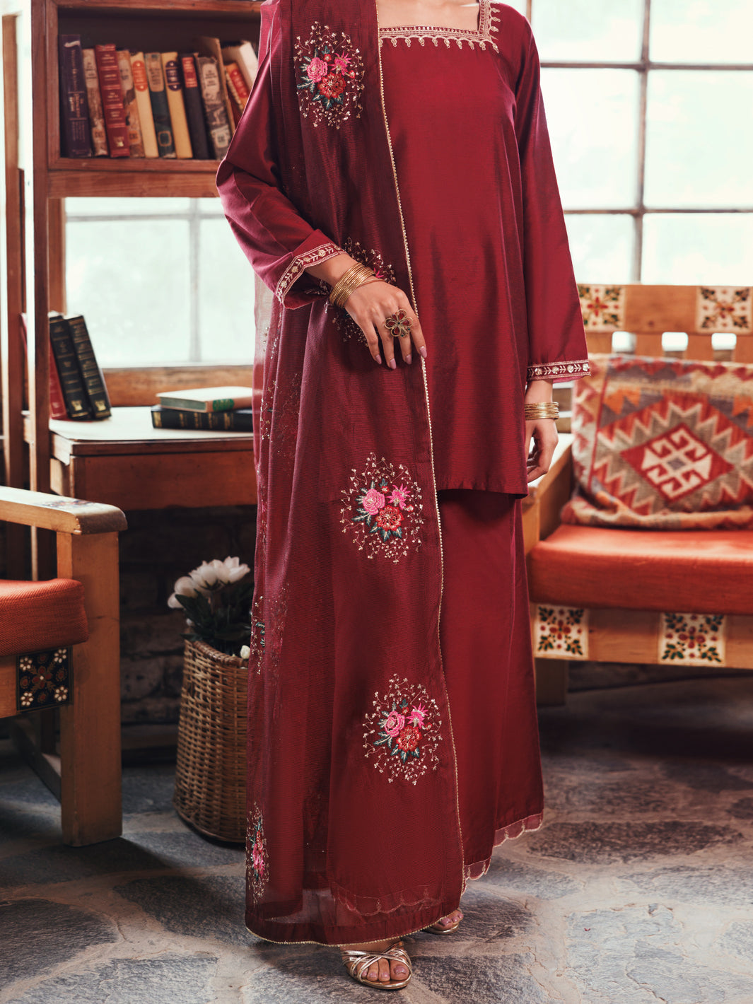 Poly Cotton Maroon Stitched Suit - Almirah