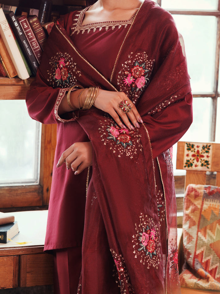 Poly Cotton Maroon Stitched Suit - Almirah