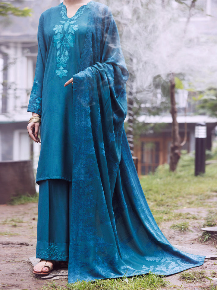 Velvet Stripe Teal Stitched Suit - Almirah