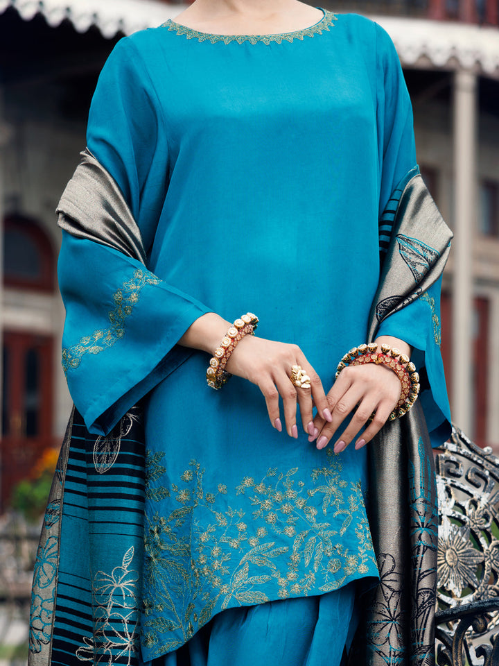Taffeta Silk Turquoise Unstitched Suit - Almirah