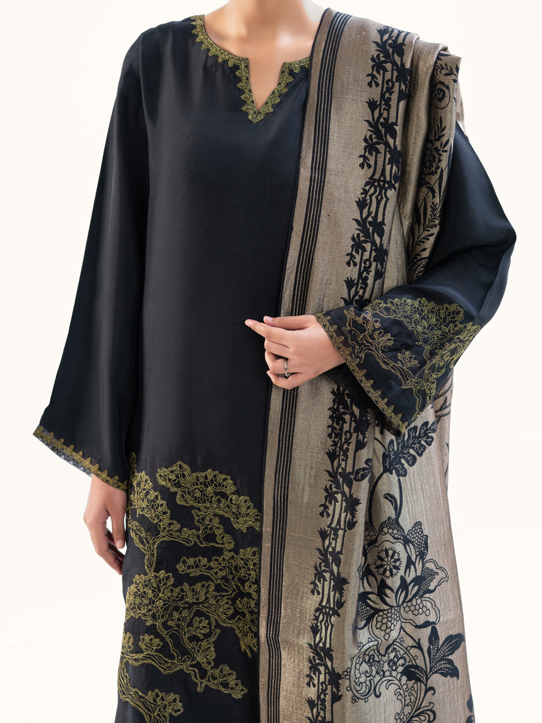 Silk Black Stitched Suit - Almirah