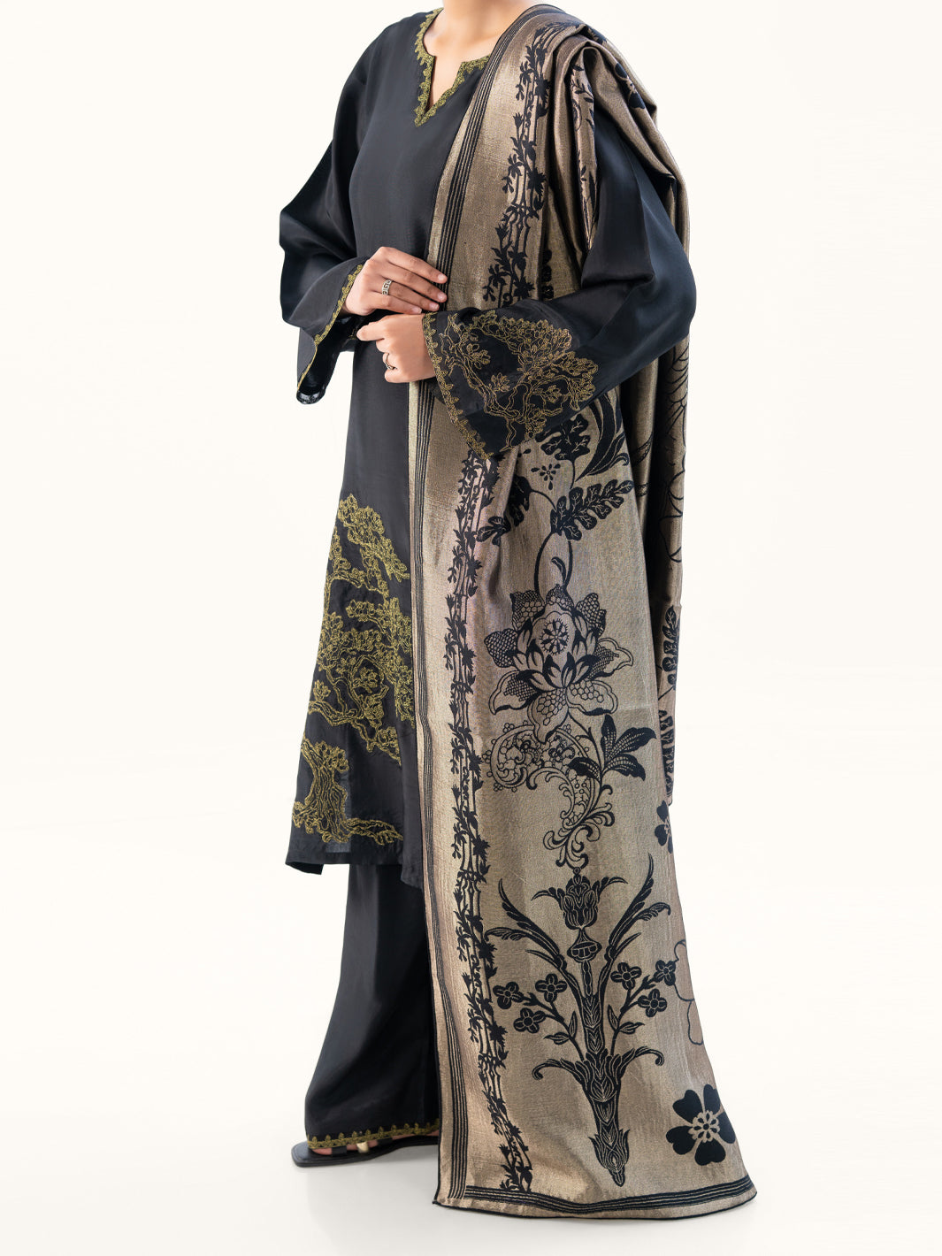 Silk Black Stitched Suit - Almirah