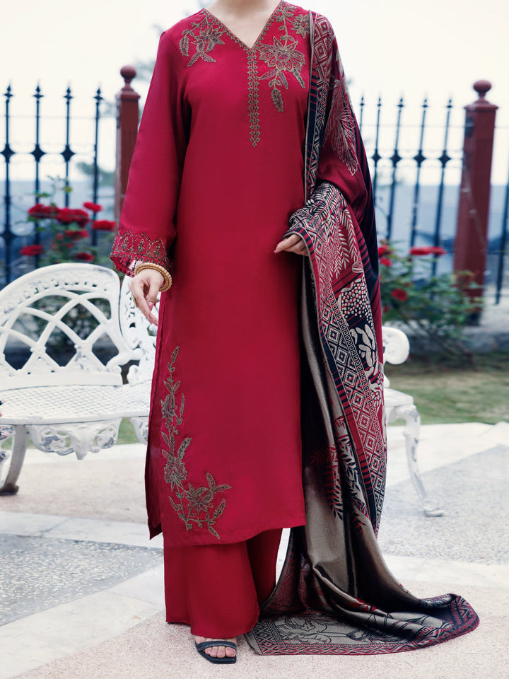 Silk Red Stitched Suit - Almirah