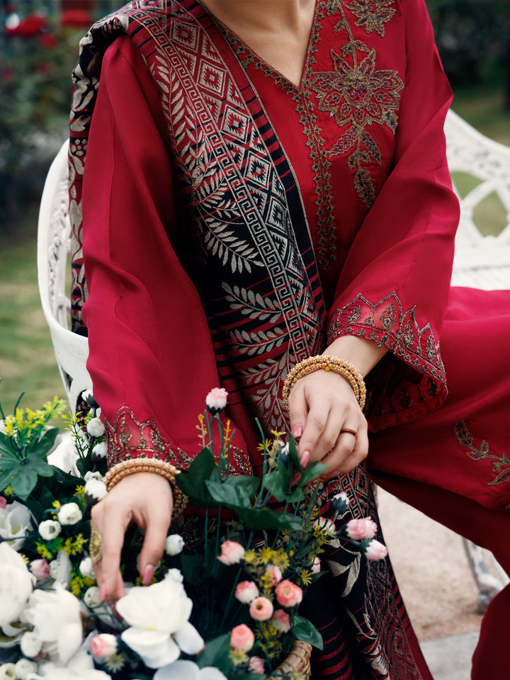 Silk Red Stitched Suit - Almirah