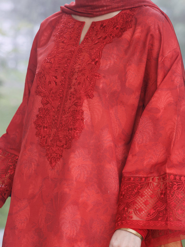 Jacquard Red Unstitched Suit - Almirah