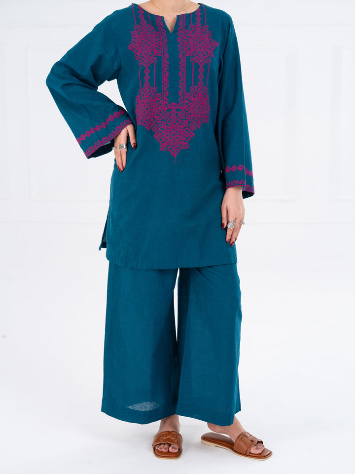 Cambric Turquoise Stitched Suit - Almirah