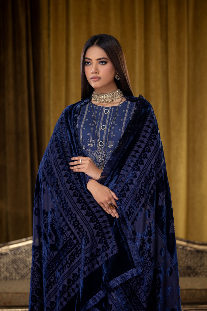Embroidered Wool Blue Stitched Suit - Lala Brocade Vol I