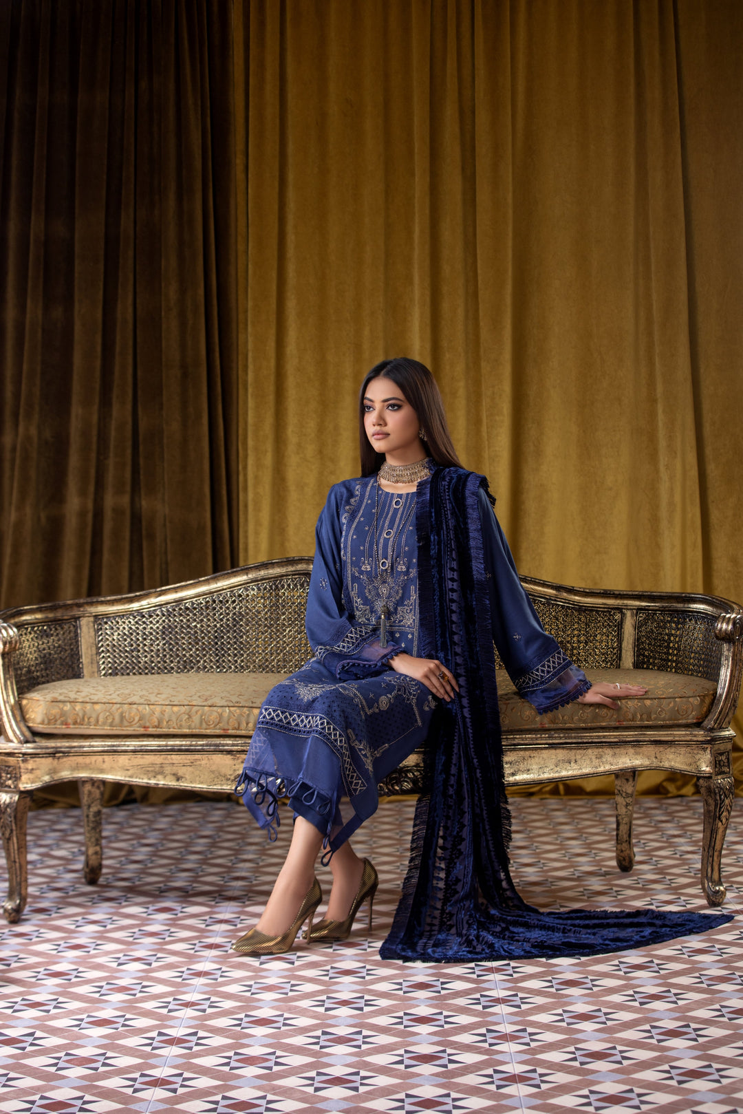 Embroidered Wool Blue Stitched Suit - Lala Brocade Vol I