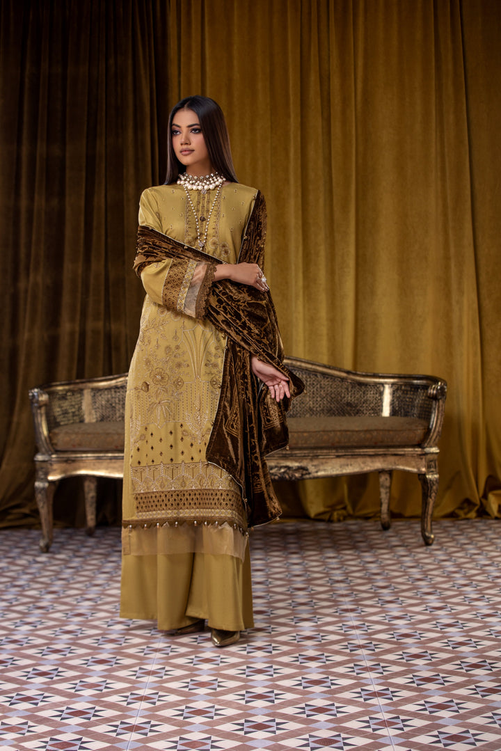 Embroidered Wool Mustard Stitched Suit - Lala Brocade Vol I