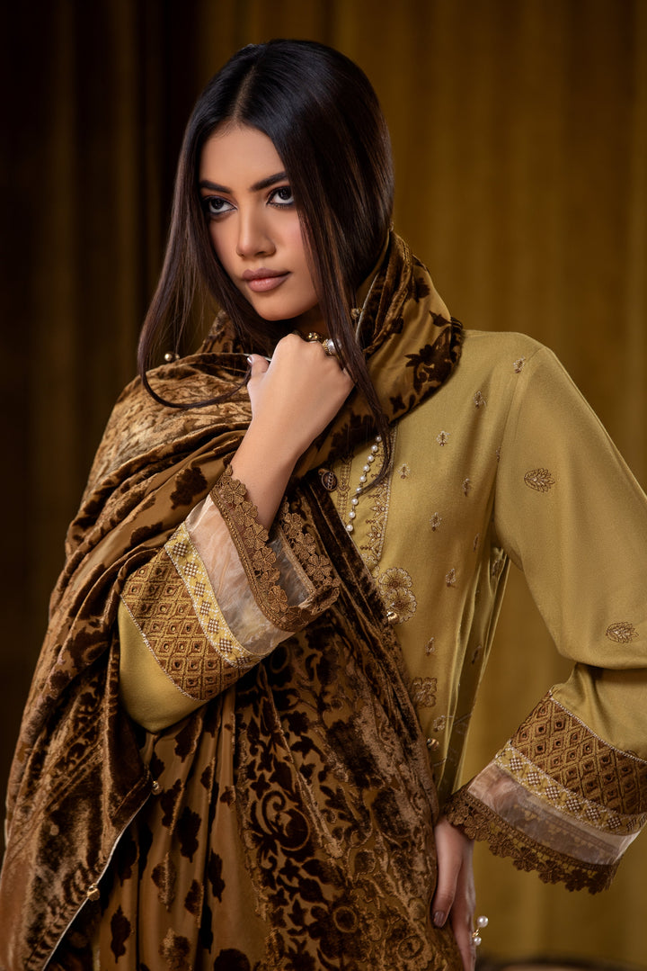 Embroidered Wool Mustard Stitched Suit - Lala Brocade Vol I