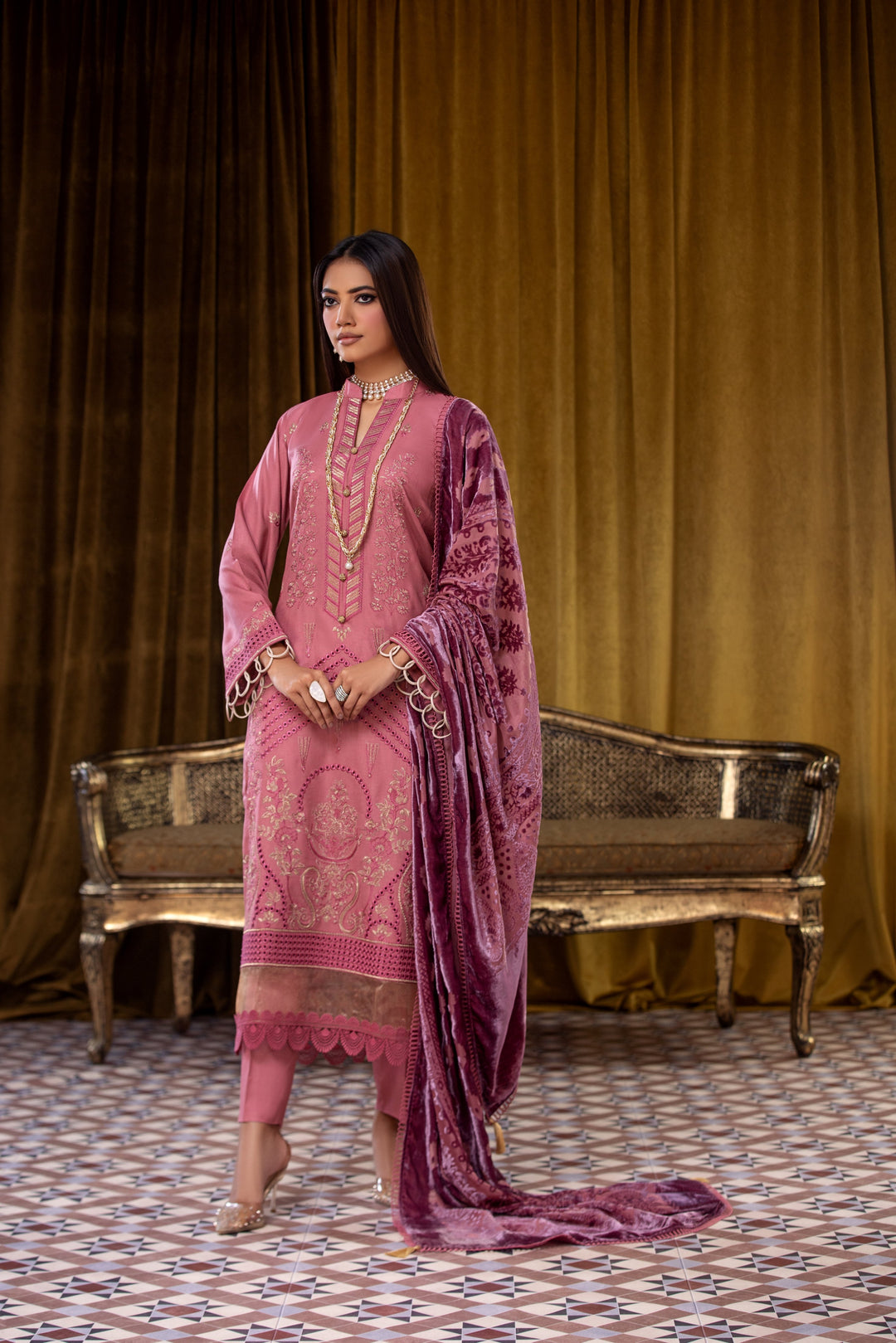 Embroidered Wool Pink Stitched Suit - Lala Brocade Vol I