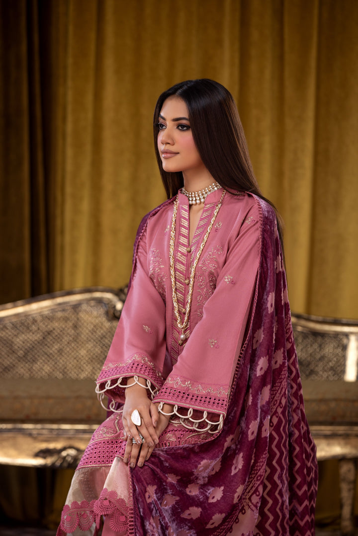 Embroidered Wool Pink Stitched Suit - Lala Brocade Vol I