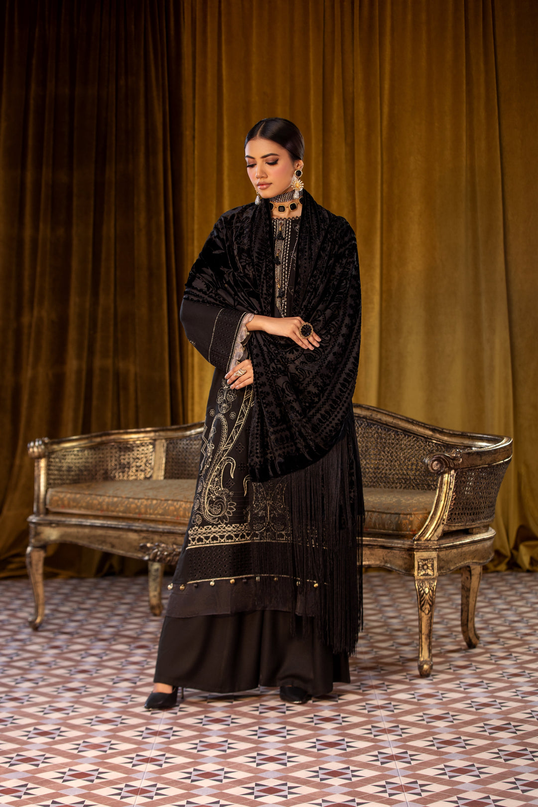 Embroidered Wool Black Stitched Suit - Lala Brocade Vol I